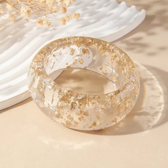 Gold Confetti Clear Lucite Wide Bangle Bracelet Retro Chic Style Stackable - Picture 7 of 7